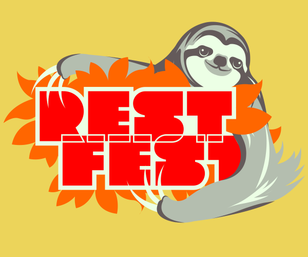 Sloth mascot hugging the REST Fest logo